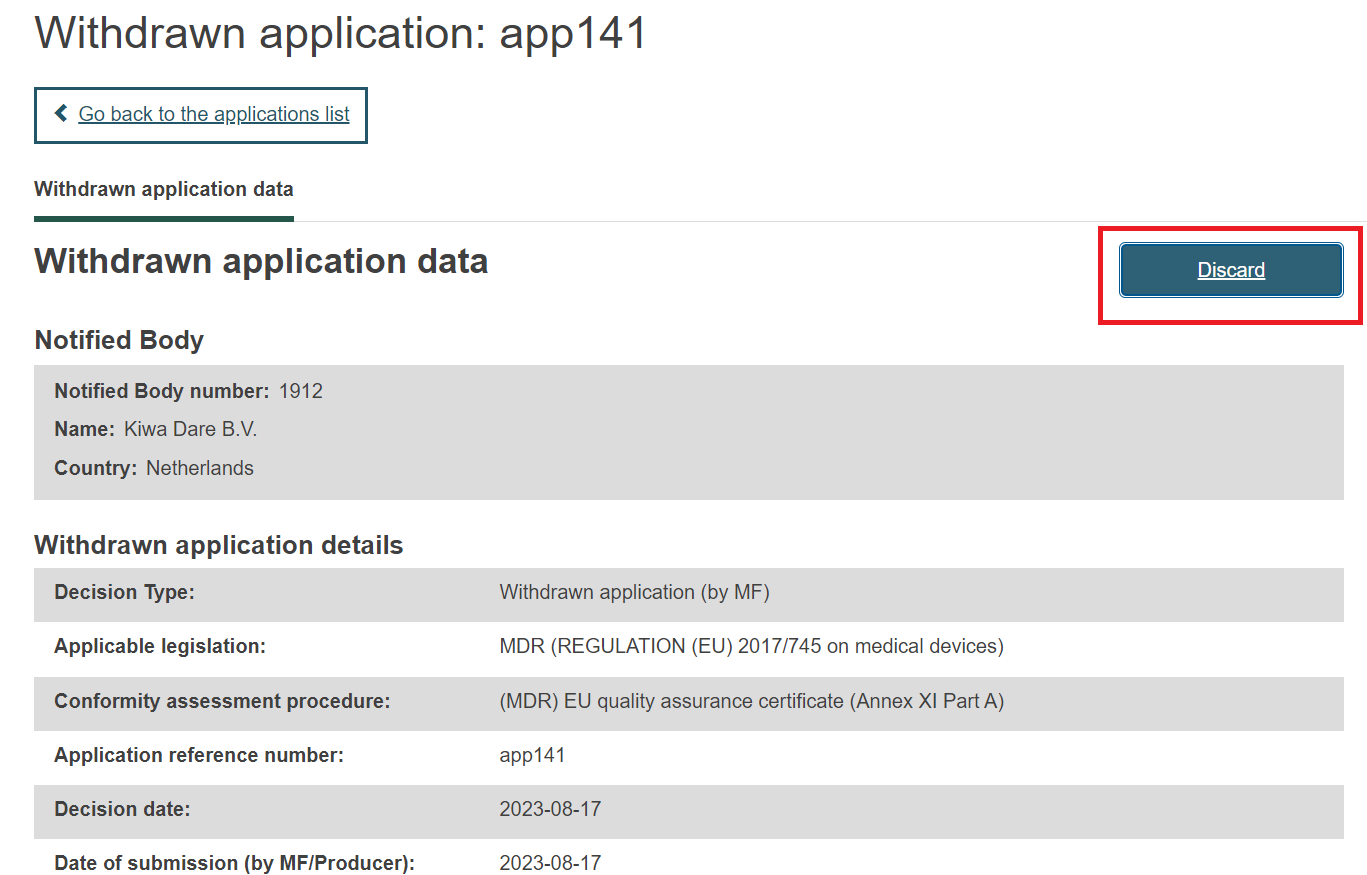 EUDAMED discard button in the withdrawn application data page