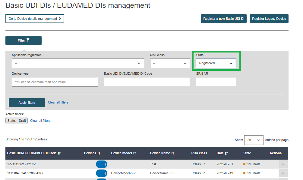 EUDAMED list of all registered or submitted basic udi-dis in the basic udi-dis/eudamed dis management page