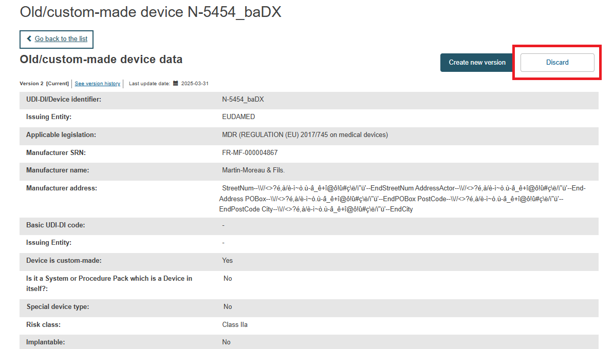 EUDAMED details on the old/custom-made device and discard button on the old/custom-made device data page