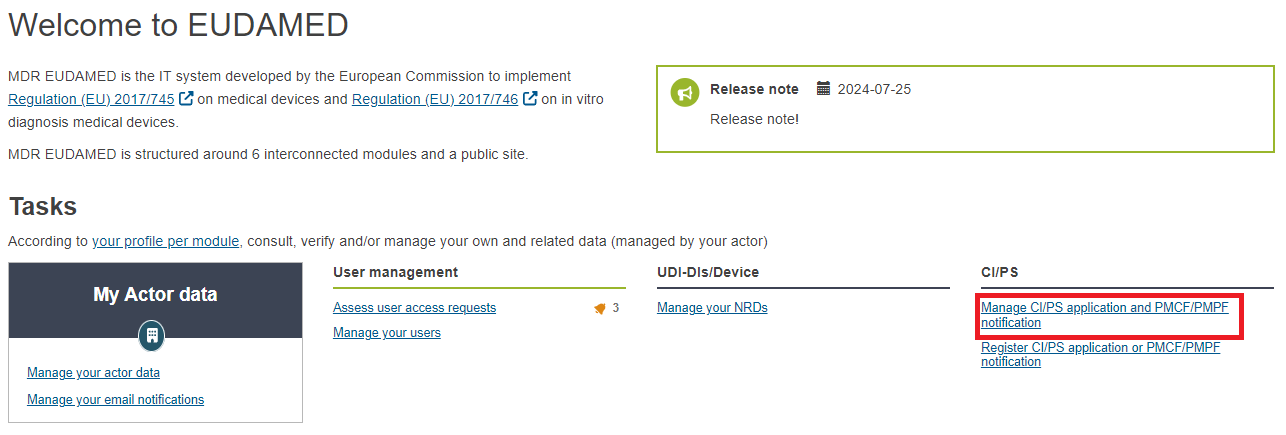 35.PNG EUDAMED Manage CI/PS application and PMCF/PMPF notification link on the dashboard