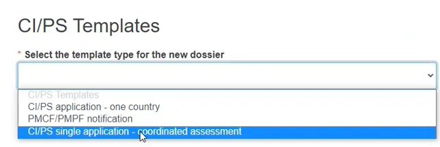 EUDAMED select the template type for the new dossier field in the ci/ps templates page