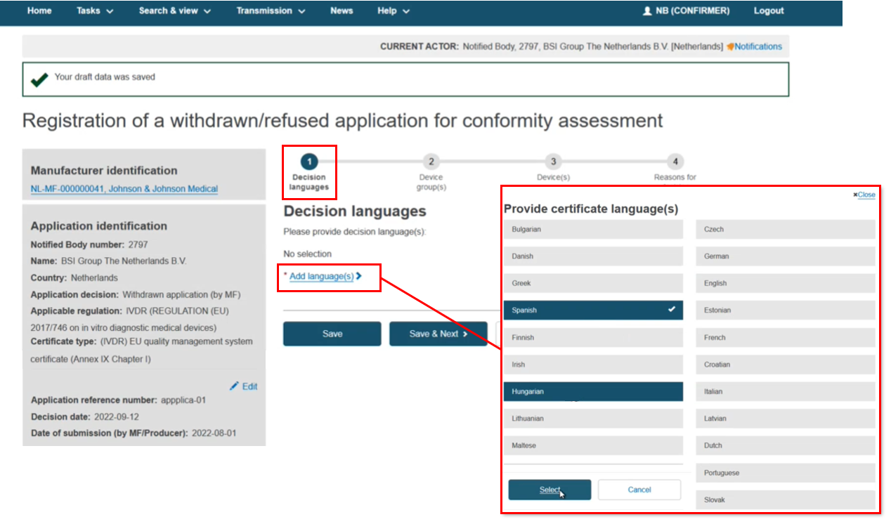 EUDAMED add languages field and provide certificates language pop-up window