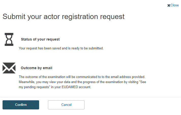 EUDAMED submit your actor registration request confirmation window