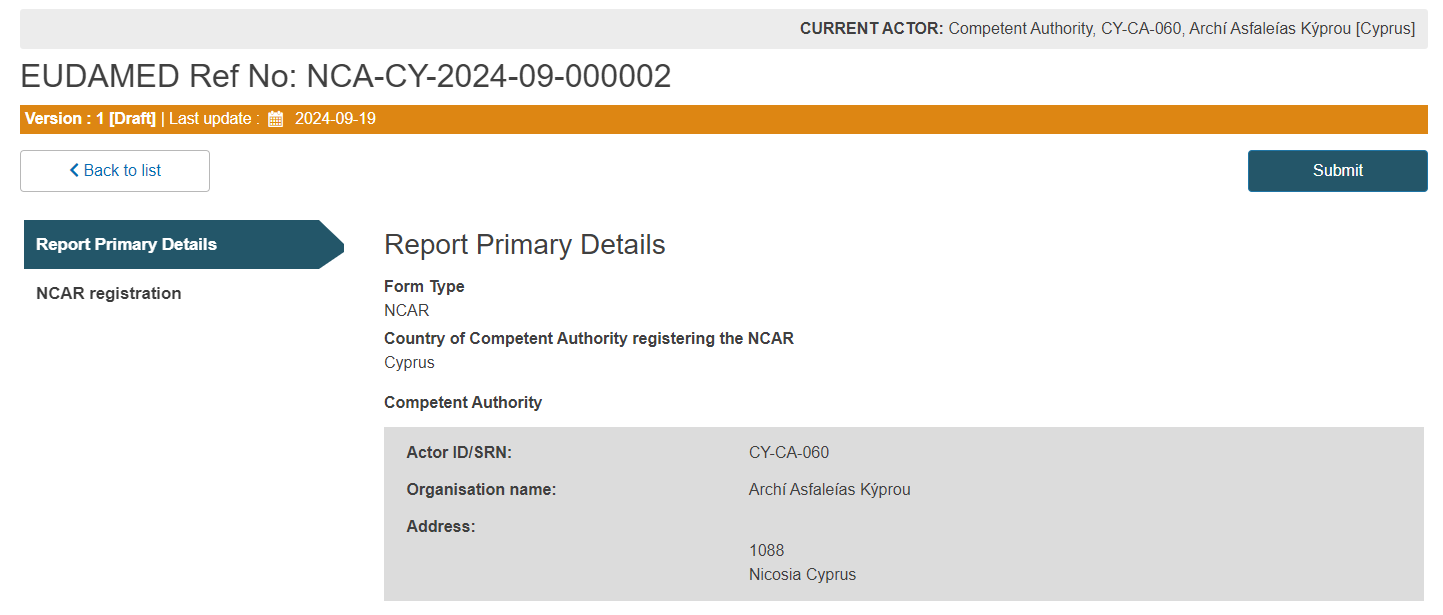EUDAMED Report Primary Details section with initial information entered