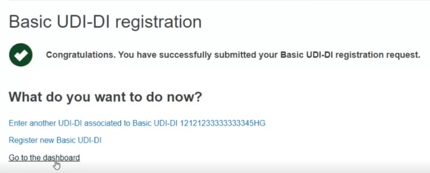 EUDAMED basic udi-di registration submitted successfully message