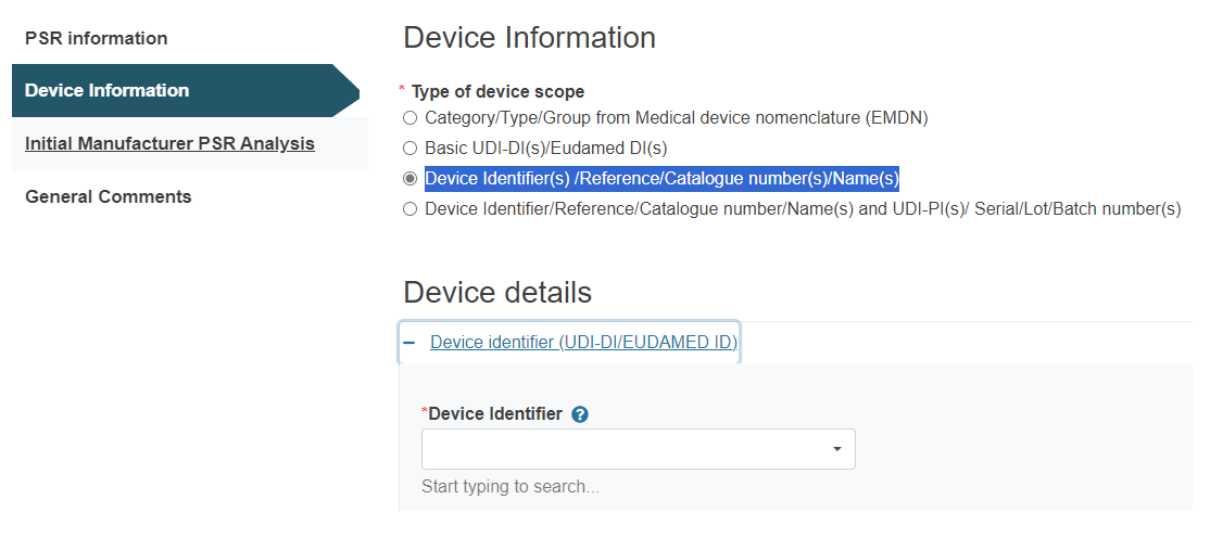 EUDAMED PSR Device info: Device identifier