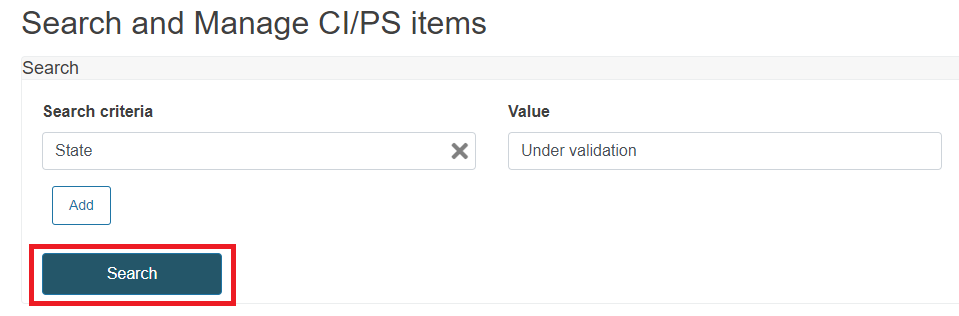 EUDAMED search button in the search and manage ci/ps items