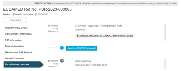 EUDAMED CA approval example under PSR Report history overview section