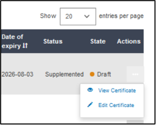 EUDAMED view certificate and edit certificate links under the three dots