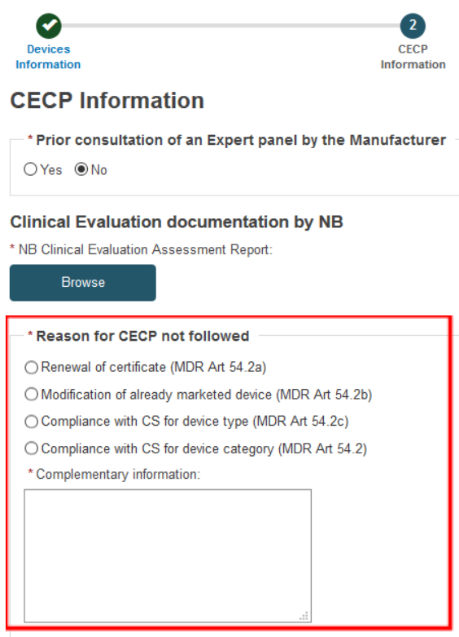EUDAMED nb clinical evaluation assessment report field with browse button and reason for cecp not followed and complementary information fields