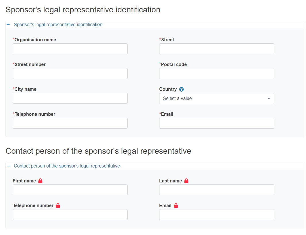 EUDAMED fields to complete in the sponsor's legal representative identification page