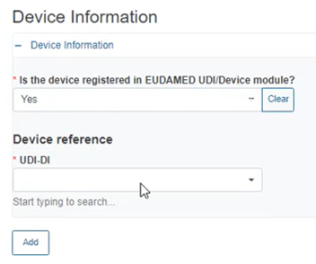 EUDAMED Yes or No question: Is the device registered in EUDAMED UDI/Device module? and UDI-Di reference selection field
