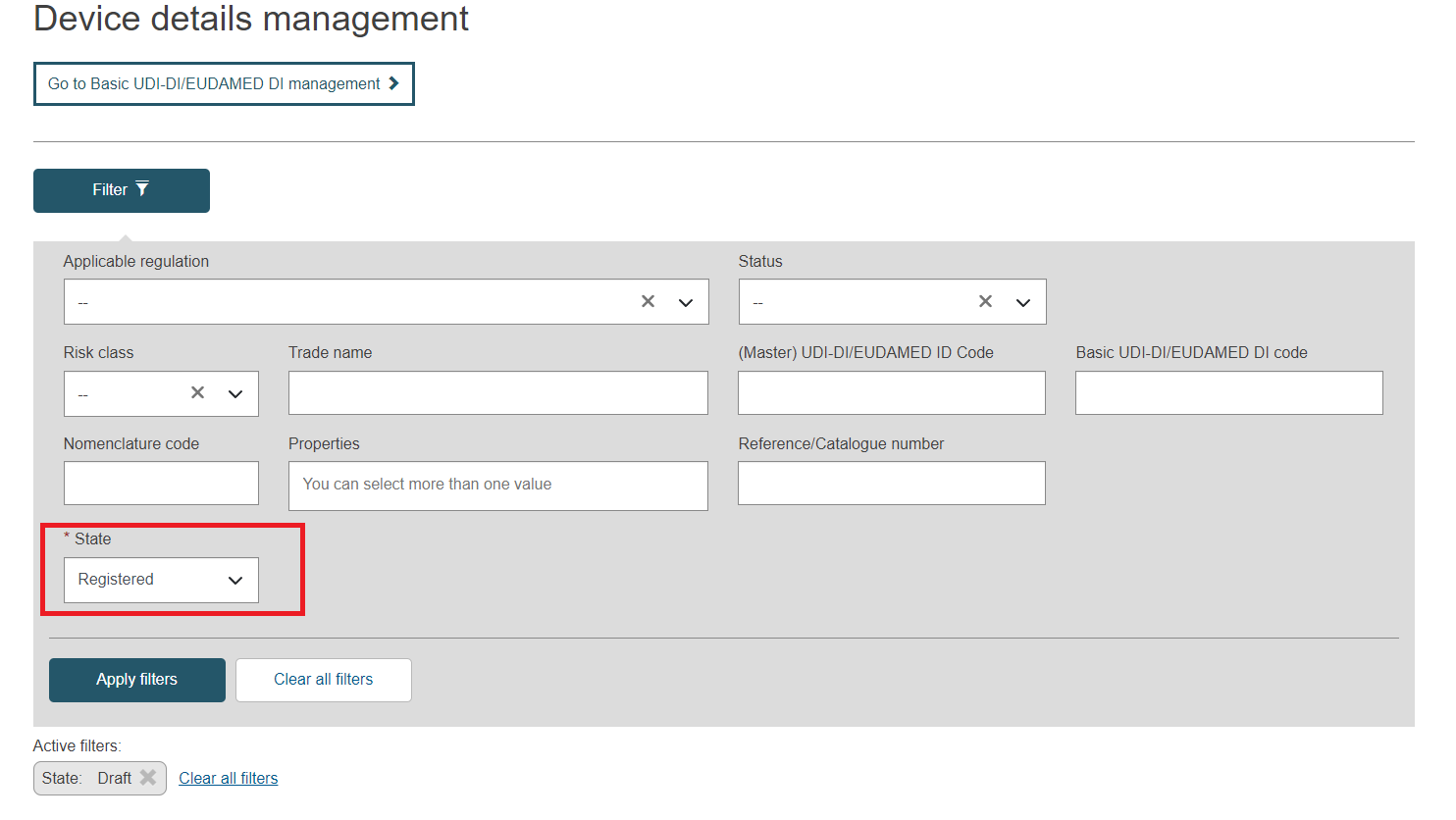 EUDAMED status field with registered option selected in the device details management page