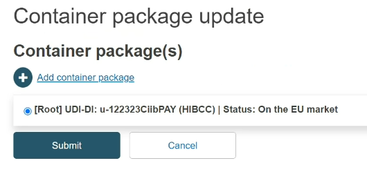 EUDAMED add container package link and submit and cancel buttons in the container package update page