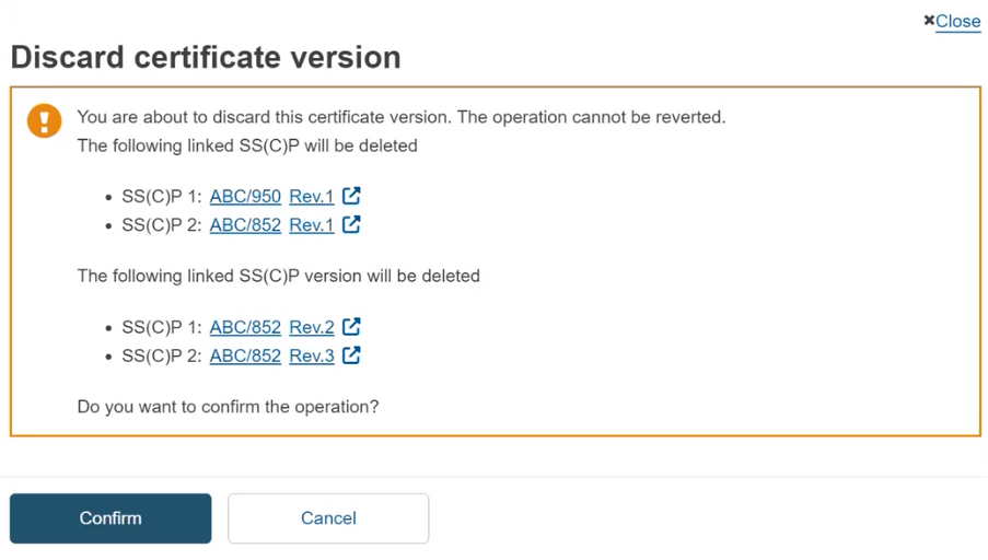 EUDAMED confirmation window for discarding a certificate version with confirm and cancel buttons