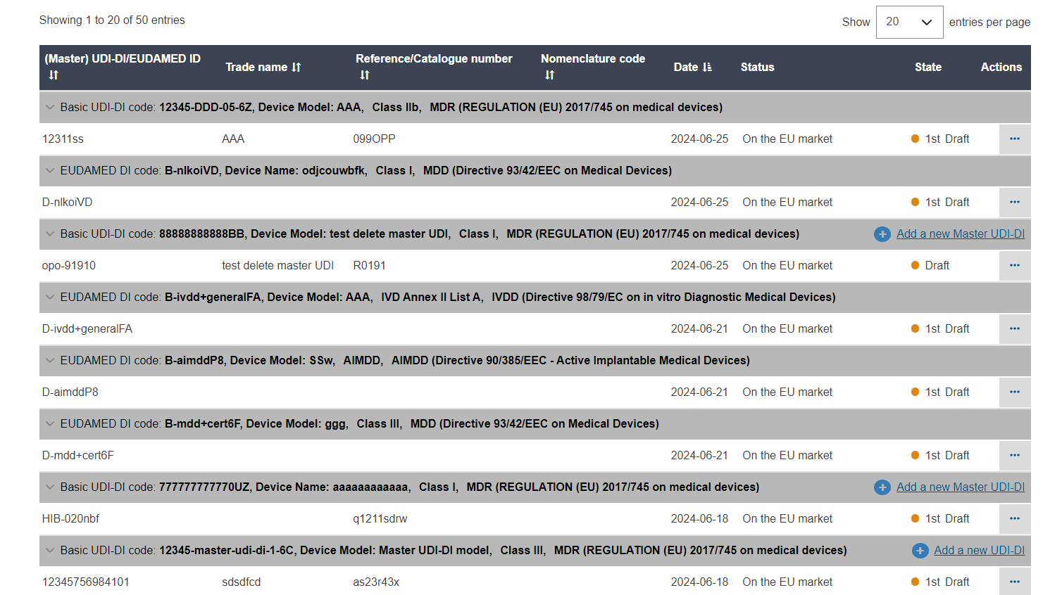 EUDAMED list of all registered udi-di/eudamed ids