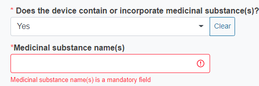 EUDAMED medical substance name(s) field displayed when yes option is selected in the does the device contain or incorporate medicinal substance(s)? field