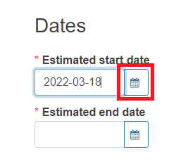EUDAMED estimated start date and estimated end date fields with link to the calendar