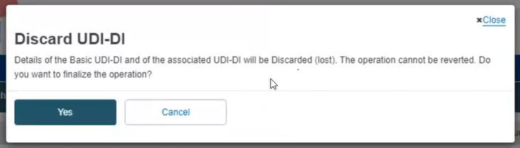 EUDAMED warning message when discarding a udi-di