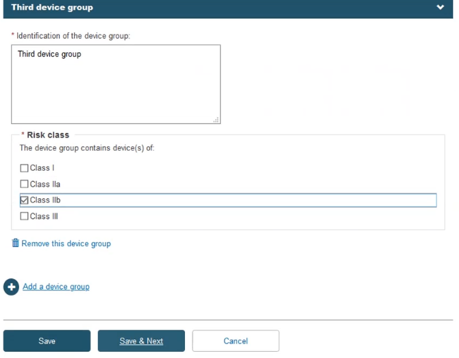 EUDAMED identification of the device group and risk class fields, remove this device group and add a device group links and save, save and next and cancel buttons