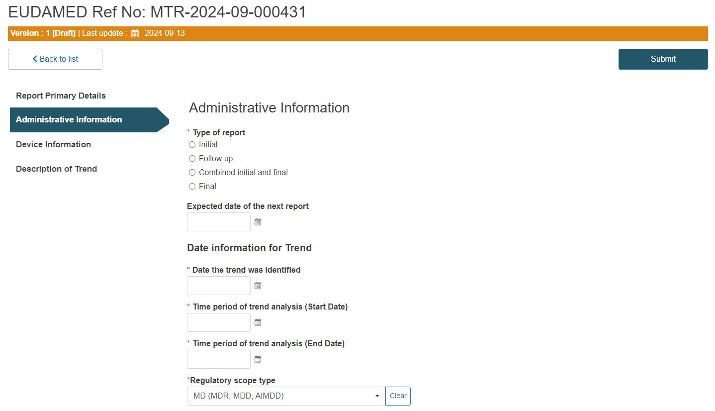 EUDAMED MTR Admin info tab