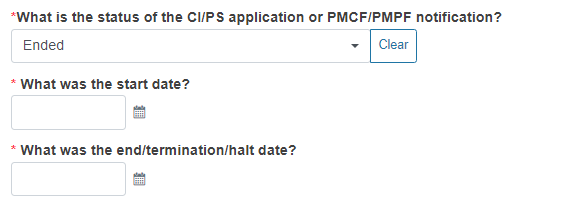 5.PNG EUDAMED what was the start date and what was the end/termination/halt date fields displayed when the selected status is ended, terminated early or temporarily halted