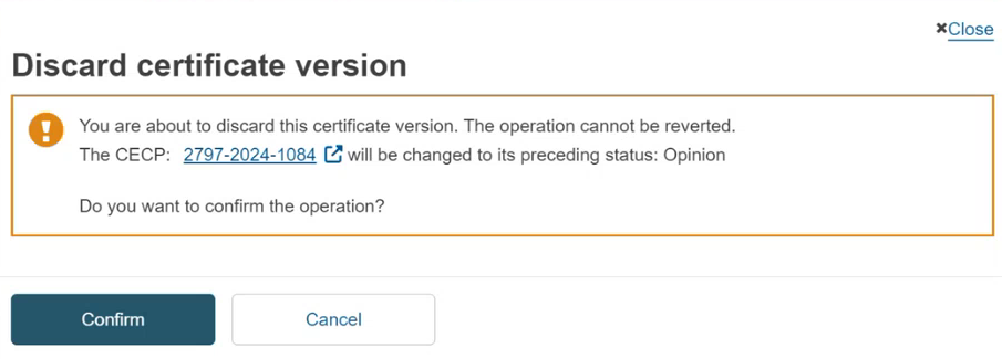 EUDAMED confirmation window for discarding a certificate version with confirm and cancel buttons
