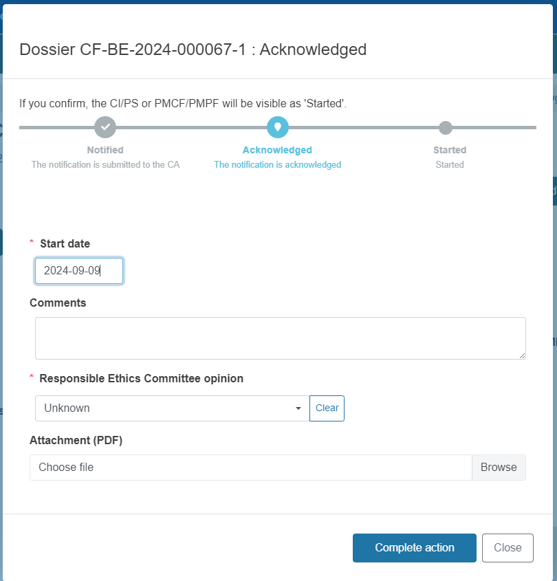 EUDAMED pop-up window with fields to complete and complete action and close buttons