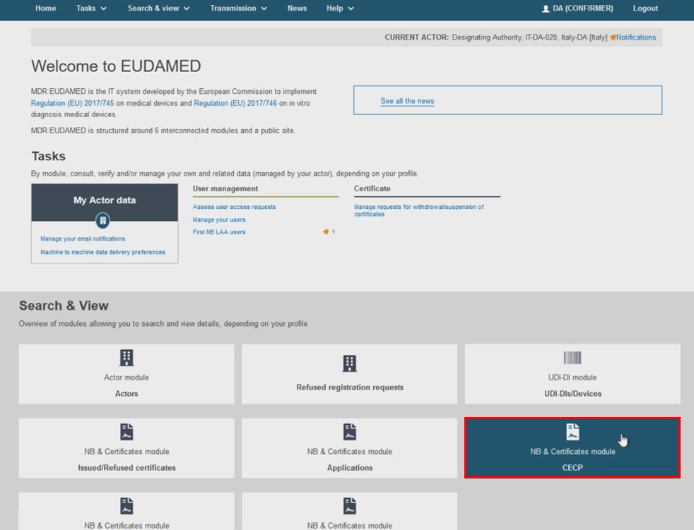 EUDAMED nb and certificates module cecp button on the dashboard
