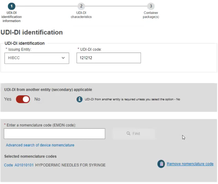 EUDAMED udi-di identification step when registering a udi-di for an existing basic udi for a system or procedure pack