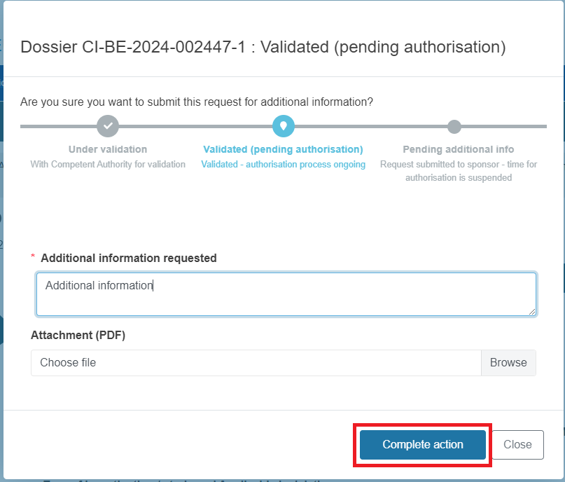 EUDAMED complete action button in the pop-up window