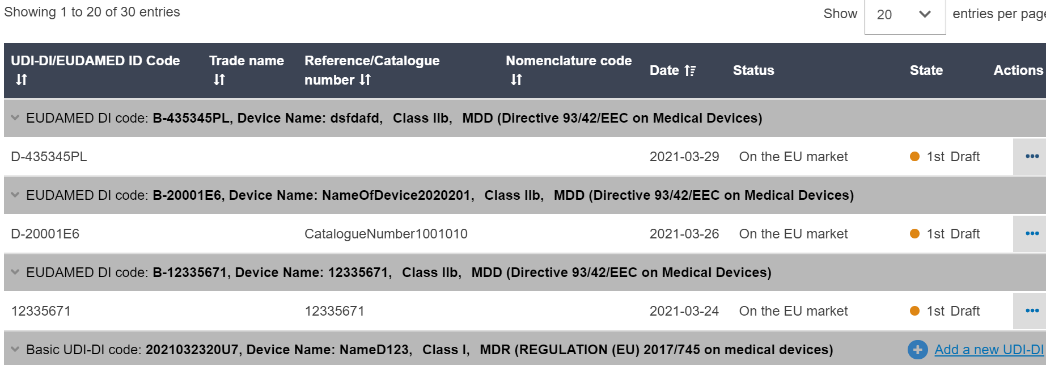 EUDAMED list of all registered udi-di/eudamed ids