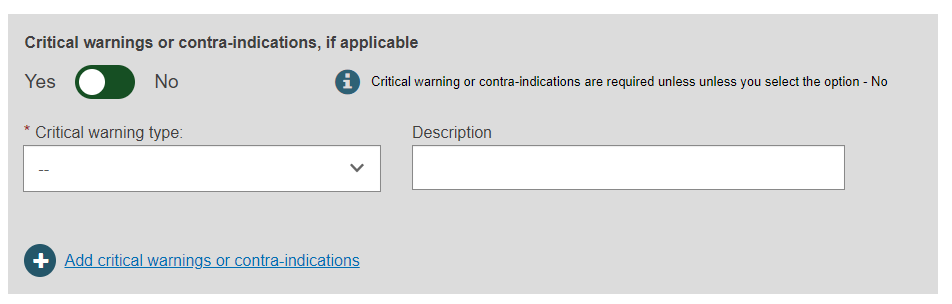 EUDAMED critical warning or contra-indications details in the device characteristics step when registering a legacy device