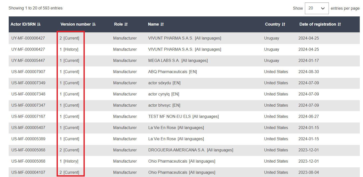 EUDAMED list of search results with version number