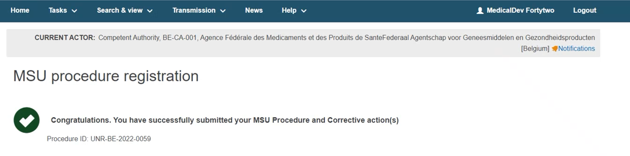 EUDAMED confirmation message after submitting an msu procedure registration