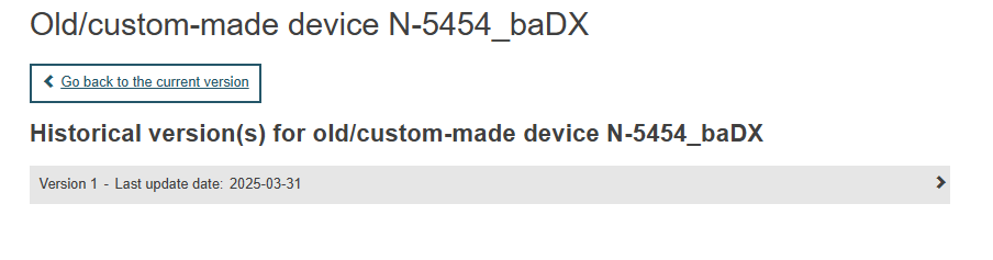 EUDAMED available versions of an old/custom-made device on the historical versions for the old/custom-made device page
