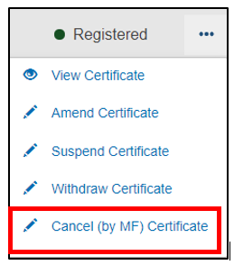 EUDAMED cancel (by mf) certificate link under the three dots