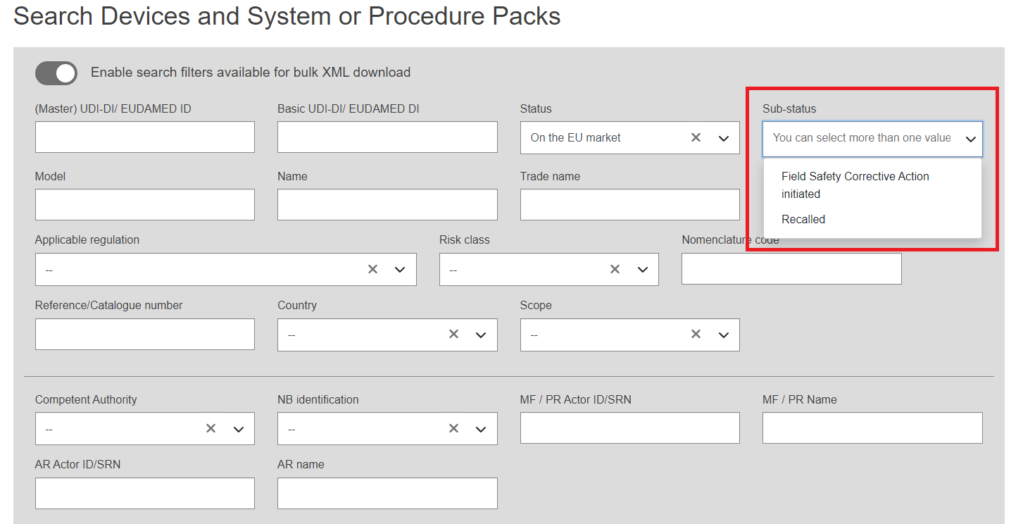 EUDAMED options in the dropdown list for the sub status field in the search devices and system or procedure packs