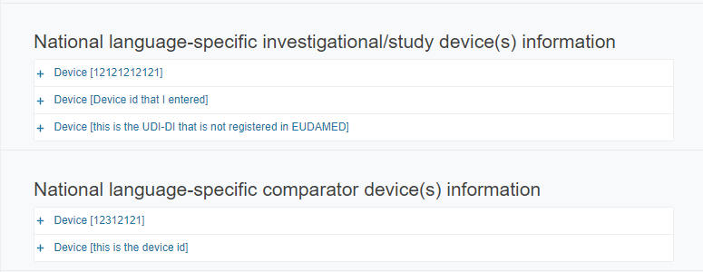 EUDAMED national language-specific investigational/study device(s) information and national language-specific comparator device(s) information fields