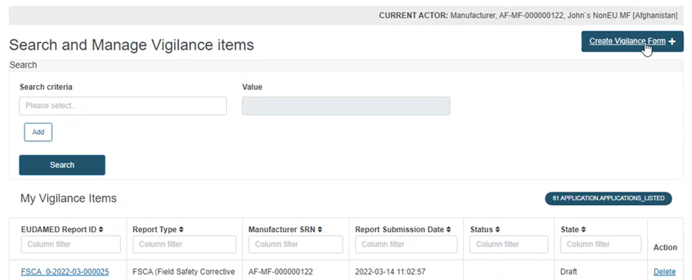 EUDAMED Create vigilance form button inside Search and Manage vigilance items page