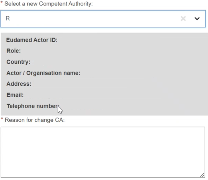 EUDAMED select a new competent authority and reason for change CA fields when changing a competent authority