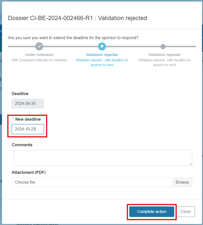 EUDAMED pop-up window with fields to complete and complete actions and close buttons