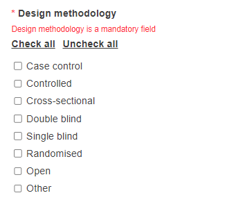 EUDAMED design methodology field with check all and uncheck all options