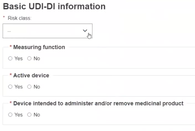 EUDAMED basic udi-di information risk class when registering a basic udi-di together with the first udi-di