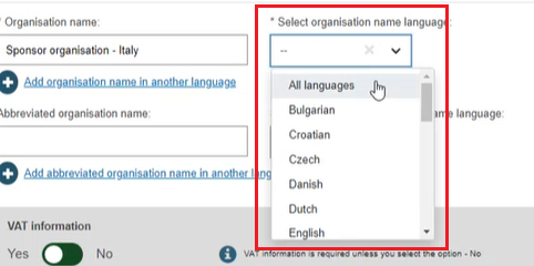 EUDAMED Sponsor registration organisation name language field