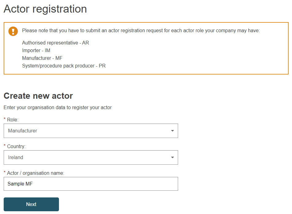 EUDAMED create new actor fields when registering as an Economic Operator