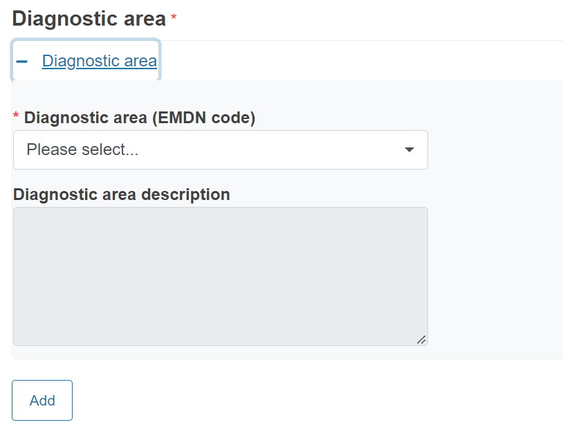 EUDAMED diagnostic area (emdn code) and diagnostic area description fields