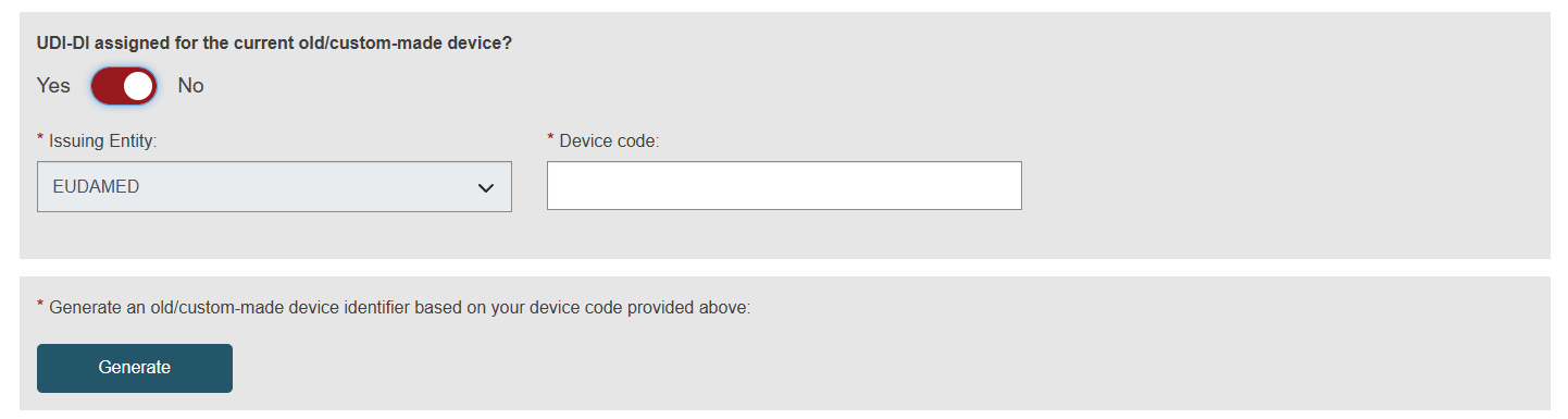 EUDAMED device code field and generate button