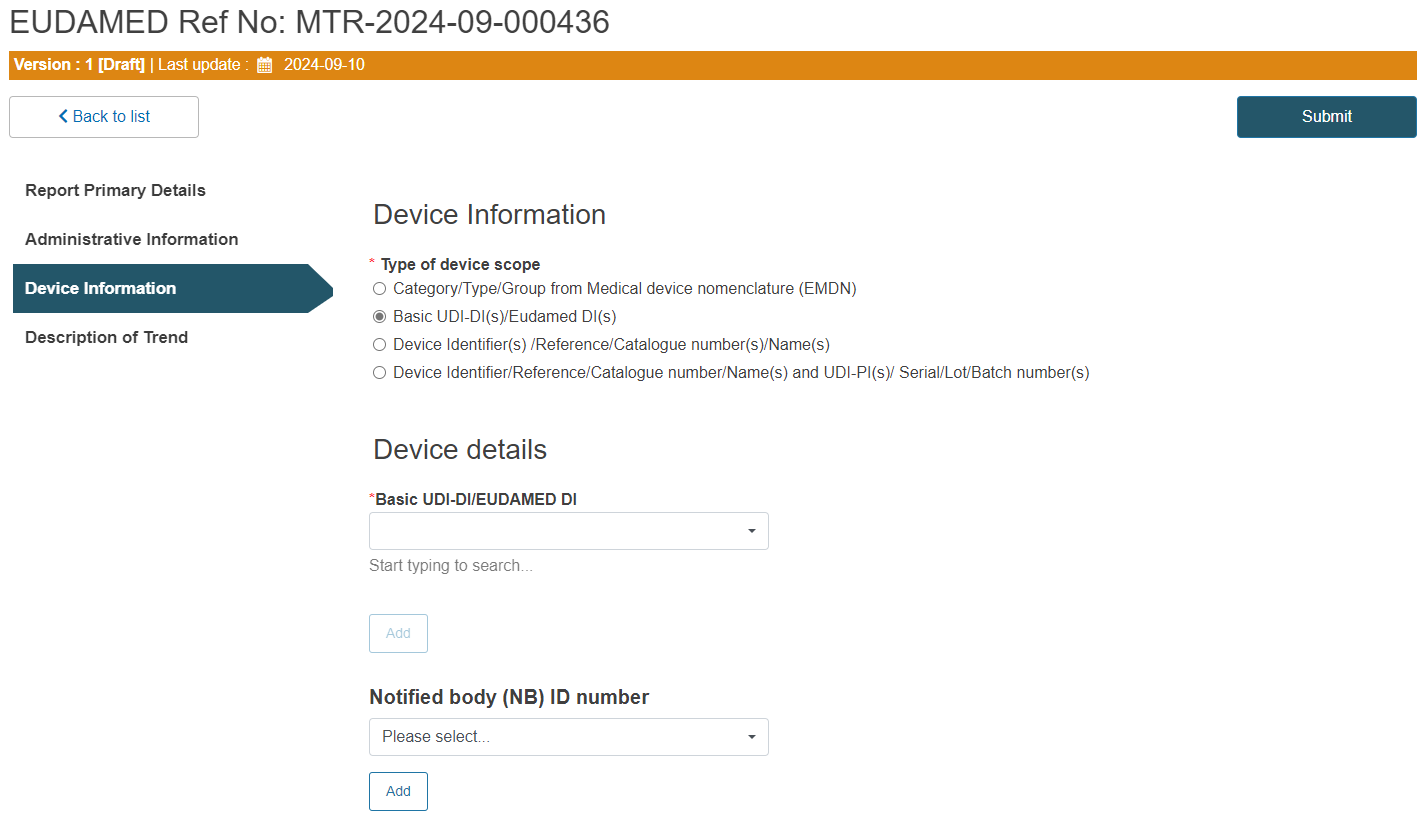 EUDAMED MTR Device info: Basic UDI-DI EUDAMED DI option
