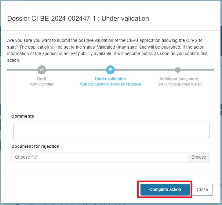 EUDAMED pop-up window with fields to complete and complete action and close buttons